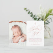 Elegante kalligrafie roze meisjes foto doop bedankkaart (Staand voorkant)