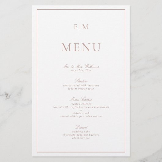 Elegante kalligrafie roze monogram bruiloft menu (Voorkant)
