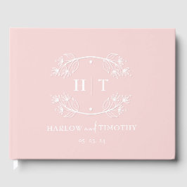 Elegante kalligrafie roze wit monogram bruiloft gastenboek