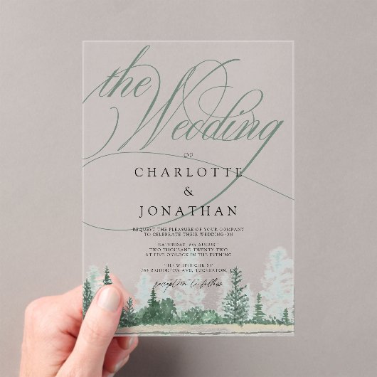 Elegante kalligrafie rustieke bos bruiloft acryl uitnodigingen (Insitu (Draagbaar))