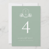 Elegante kalligrafie Sage Green Crest Tafelnummer (Voorkant)