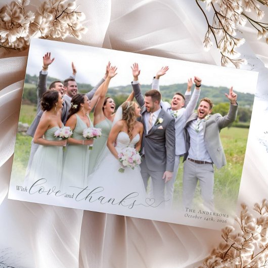 Elegante kalligrafie Sage Green Heart Trouwfoto Bedankkaart