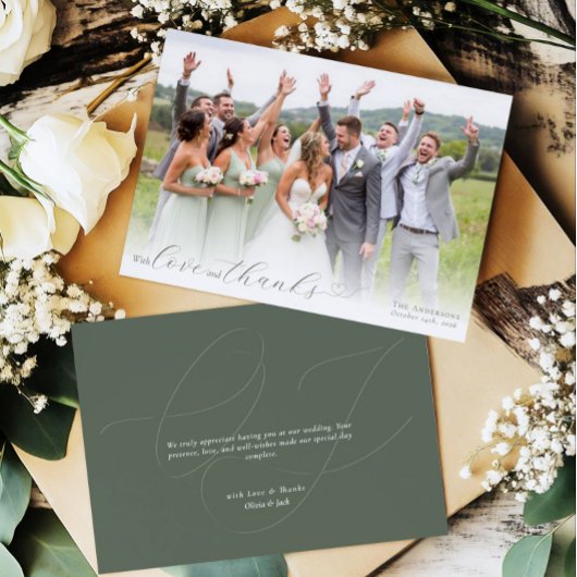 Elegante kalligrafie Sage Green Heart Trouwfoto Bedankkaart