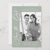 Elegante kalligrafie Sage Green Photo QR Code Save The Date (Voorkant)
