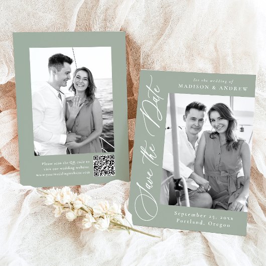 Elegante kalligrafie Sage Green Photo QR Code Save The Date