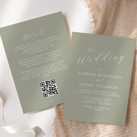 Elegante kalligrafie Sage Green QR Code Wedding Kaart