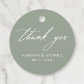 Elegante kalligrafie Sage Groene Bruiloft Dank u Bedankjes Labels (Voorkant)