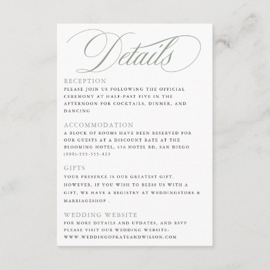 Elegante kalligrafie Sage Groene bruiloft Details Informatiekaartje (Voorkant)