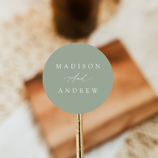 Elegante kalligrafie Sage Groene Bruiloft Ronde Sticker