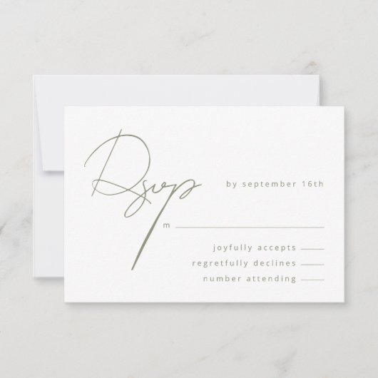 Elegante kalligrafie Sage Groene Bruiloft RSVP Kaartje (Voorkant)