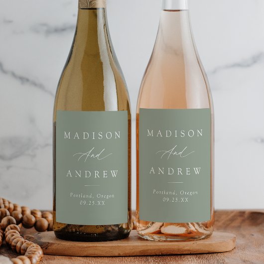 Elegante kalligrafie Sage Groene Bruiloft Wijn Etiket