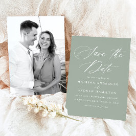 Elegante kalligrafie Sage Groene Foto Bruiloft Save The Date