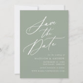Elegante kalligrafie Sage Groene Foto Bruiloft Save The Date (Voorkant)