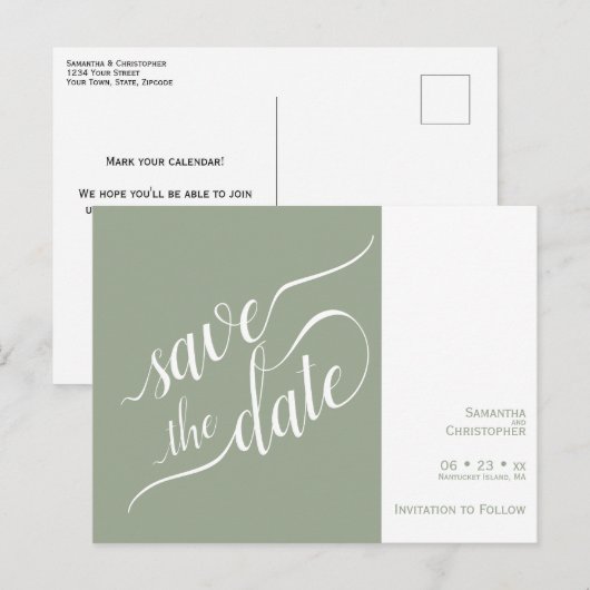 Elegante kalligrafie salie trouwkaart save the dat aankondigingskaart (Voorkant / Achterkant)