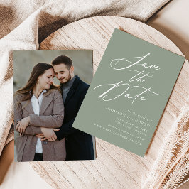 Elegante kalligrafie saliegroen foto bruiloft save the date