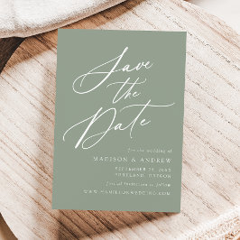 Elegante kalligrafie saliegroen huwelijk save the date