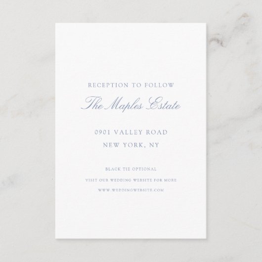 Elegante kalligrafie script blauwe bruiloft recept informatiekaartje (Voorkant)