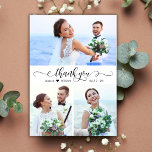Elegante kalligrafie Script bruiloft 3 foto collag Bedankkaart<br><div class="desc">Moderne, elegante, swirly hand beletterde bruiloft 3 foto collage dank u kaart. Stijlvolle bruiloft dank u kaart sjabloon met drie (3) foto op de voorkant en een (1) foto op de achterkant. Met de tekst "dank u" in een wervelende cursieve met de hand geletterde kalligrafie of typografie script lettertype in...</div>