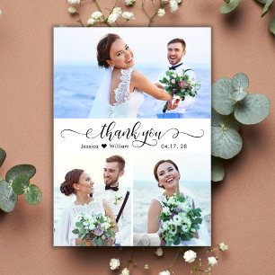 Elegante kalligrafie Script bruiloft 3 foto collag Bedankkaart