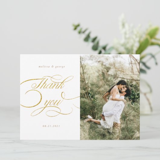 Elegante kalligrafie script bruiloft dank u kaart (Staand voorkant)