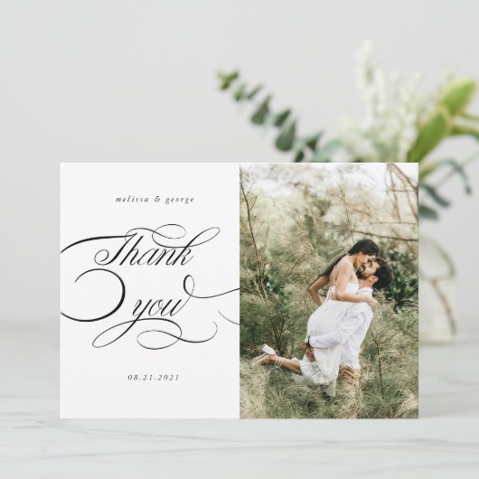 Elegante kalligrafie script bruiloft dank u kaart (Staand voorkant)