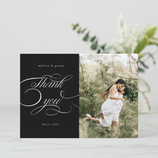 Elegante kalligrafie script bruiloft dank u kaart (Staand voorkant)