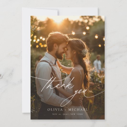 Elegante kalligrafie script bruiloft foto bedankkaart (Voorkant)