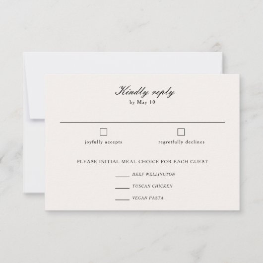 Elegante kalligrafie script bruiloft maaltijd keuz RSVP kaartje (Voorkant)