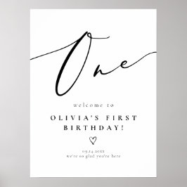 Elegante kalligrafie script eerste verjaardag welk poster