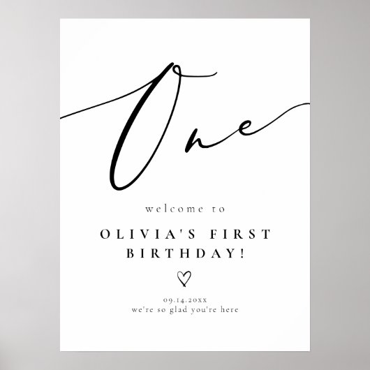 Elegante kalligrafie script eerste verjaardag welk poster (Voorkant)