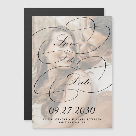 Elegante kalligrafie script foto bruiloft save dat magnetische uitnodiging (Voorkant / Achterkant)