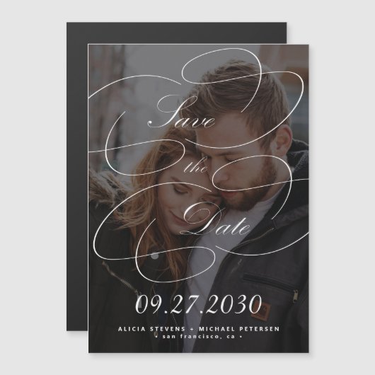 Elegante kalligrafie script foto bruiloft save dat magnetische uitnodiging (Voorkant / Achterkant)