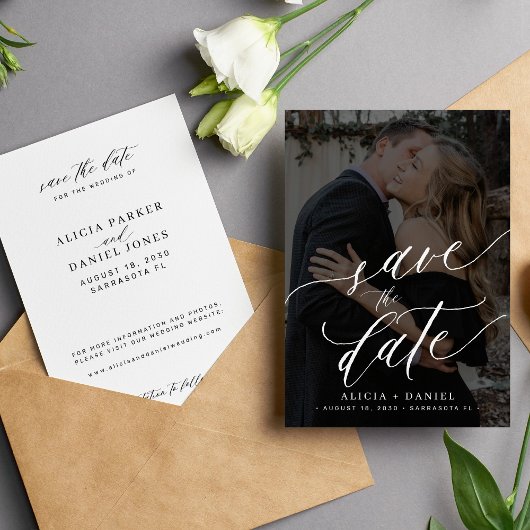 Elegante kalligrafie script foto bruiloft save the date