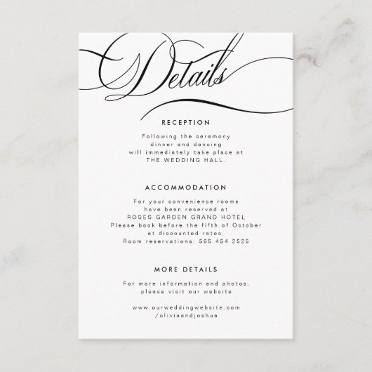 Elegante kalligrafie script gast bruiloft details informatiekaartje (Voorkant)