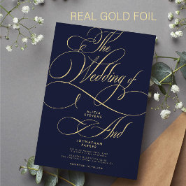 Elegante kalligrafie script goud marine huwelijksf folie uitnodiging
