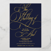 Elegante kalligrafie script gouden marine bruiloft folie uitnodiging (Voorkant)