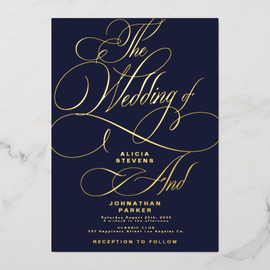 Elegante kalligrafie script gouden marine bruiloft folie uitnodiging (Voorkant)