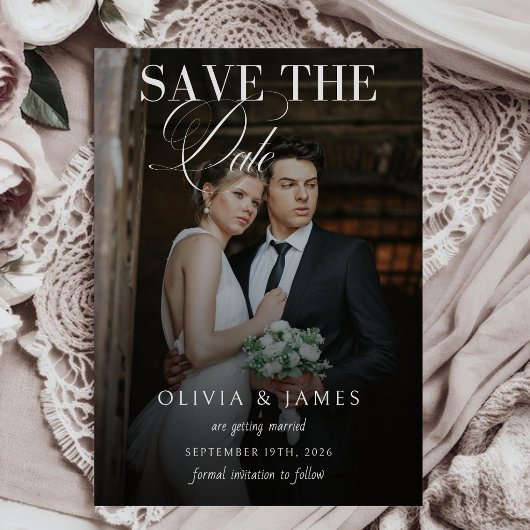 Elegante kalligrafie script huwelijksfoto save the date