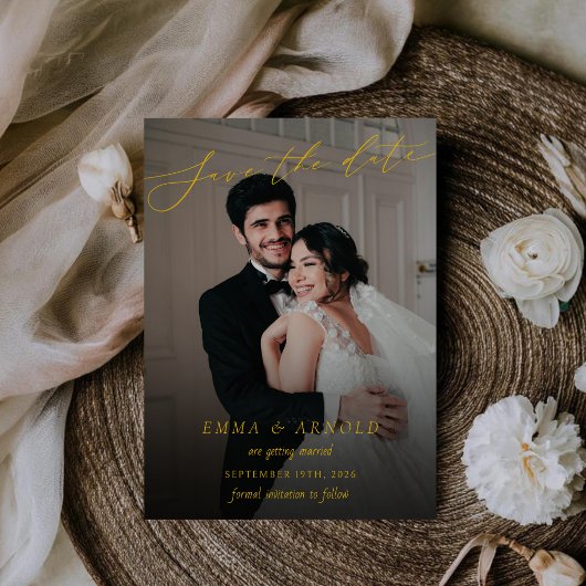 Elegante kalligrafie script huwelijksfoto save the date