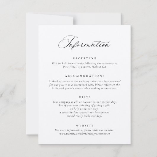 Elegante kalligrafie script huwelijksinformatie  kaart (Voorkant)