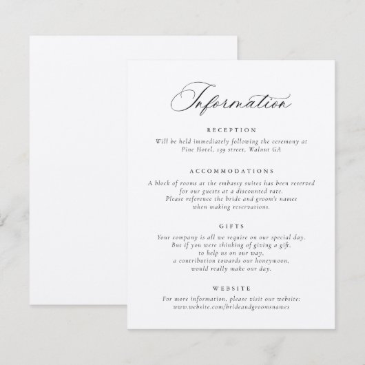 Elegante kalligrafie script huwelijksinformatie kaart (Voorkant / Achterkant)