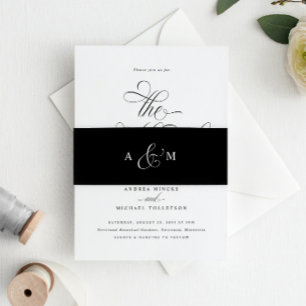 Elegante kalligrafie script luxe trouw zwarte uitnodigingen wikkel