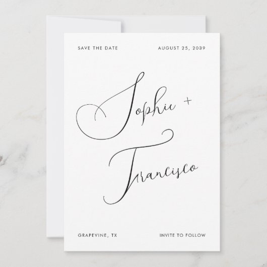 Elegante kalligrafie script namen moderne bruiloft save the date (Voorkant)