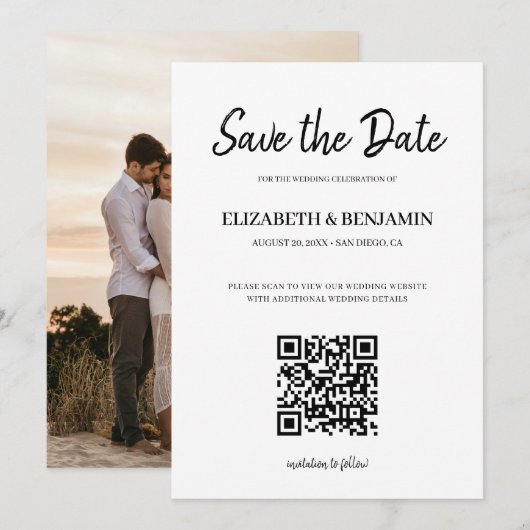 Elegante kalligrafie script QR-code foto bewaar de Save The Date (Voorkant / Achterkant)
