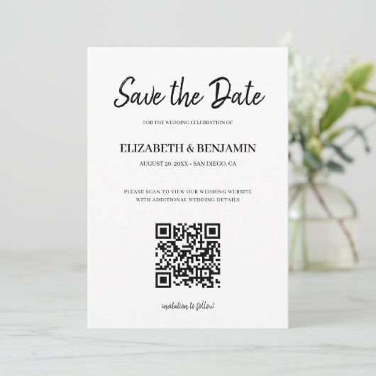 Elegante kalligrafie script QR-code foto Save The Save The Date (Staand voorkant)