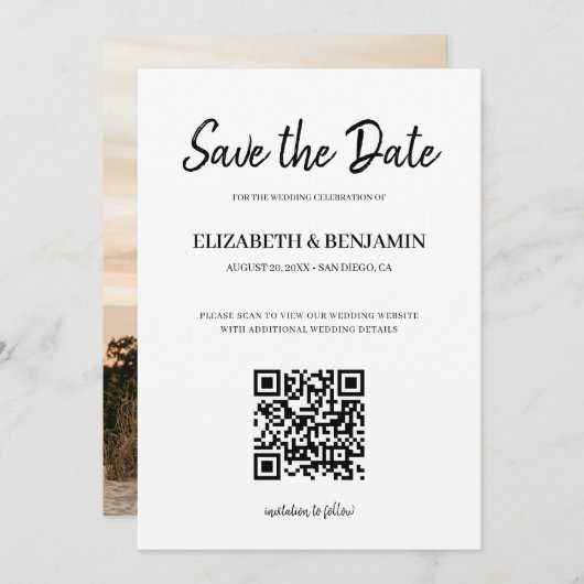 Elegante kalligrafie script QR-code foto Save The Save The Date (Voorkant / Achterkant)