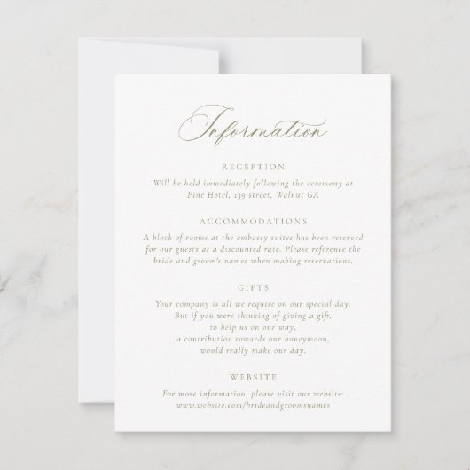 Elegante kalligrafie script sage bruiloft details kaart (Voorkant)