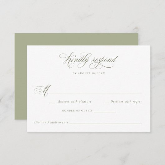 Elegante kalligrafie Script Sage Bruiloft RSVP Kaart (Voorkant / Achterkant)