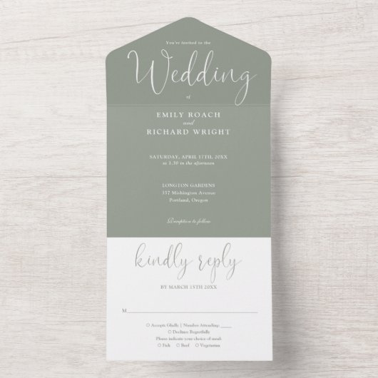 Elegante kalligrafie script Sage Green Wedding All In One Uitnodiging (Binnen)