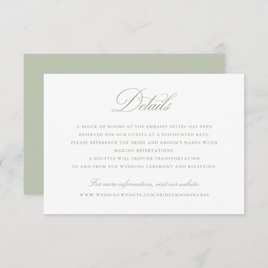Elegante kalligrafie script sage trouwdetails kaart (Voorkant / Achterkant)